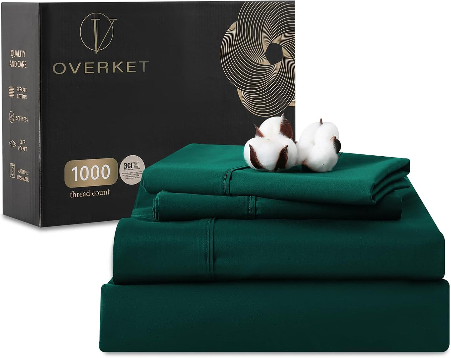 1000 Thread Count Egyptian Cotton Sheets Queen Size Set Sateen Weave Soft Breathable 16-Inch Deep Pocket 4PCS（Queen,Dark Green）