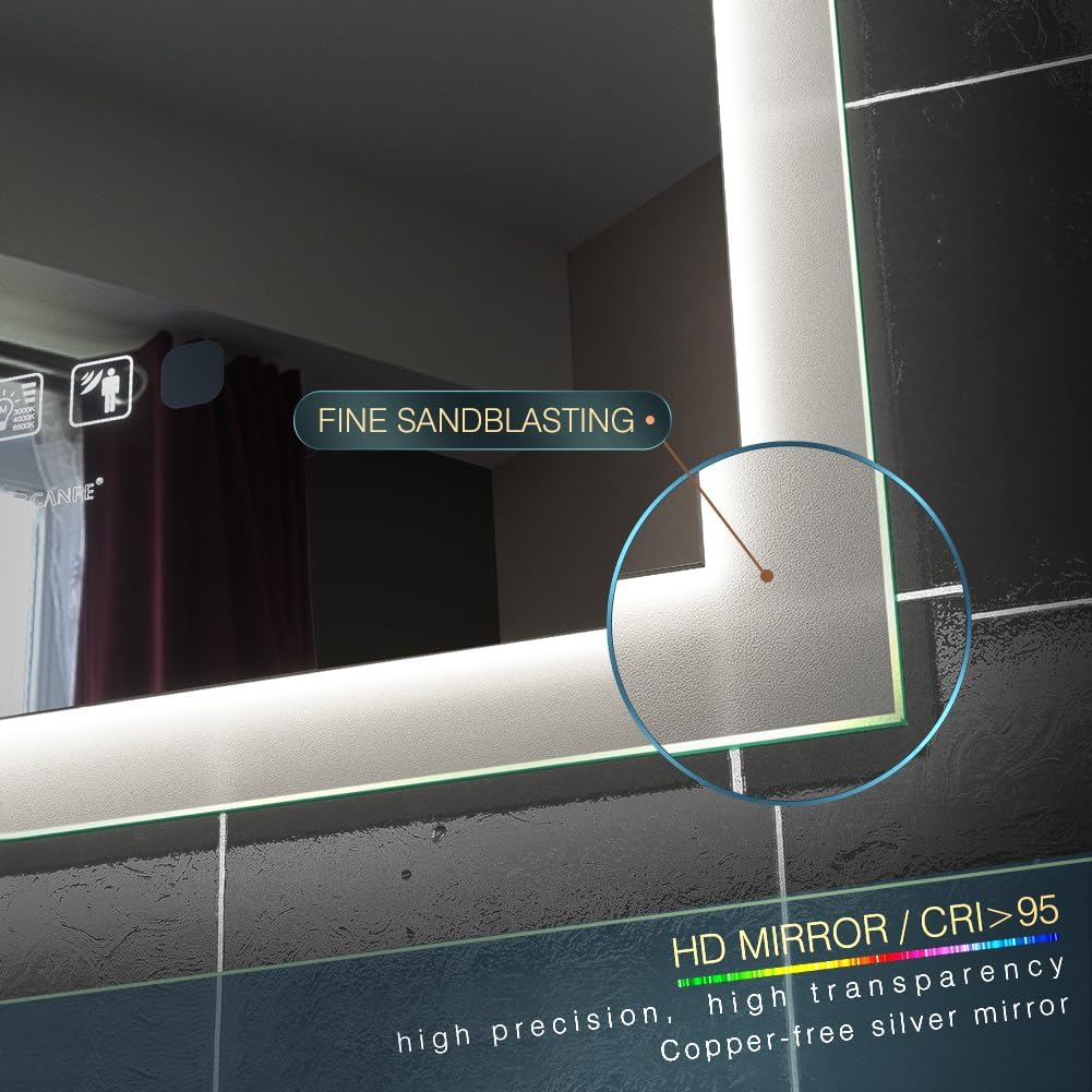 28 x 36 inch LED Bathroom Mirror with Bluetooth Speaker, Induction Switch Light Smart Vanity Mirror Wall Mounted, IP44 Waterproof Anti Fog Vertical & Horizontal