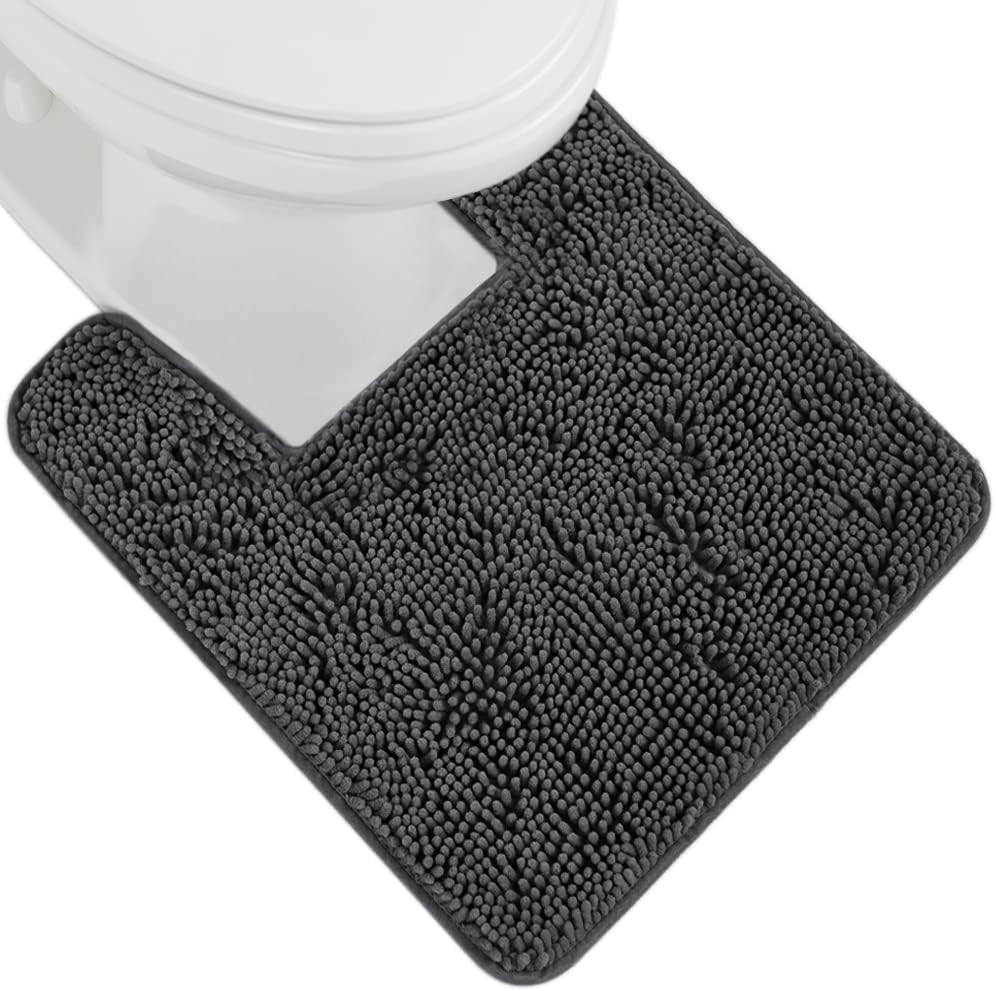 GORILLA GRIP Plush Absorbent Shaggy Chenille Bath Rug Mat for Square Toilet Base with Rubber Backing, Machine Washable Rugs, Soft Microfiber Contour Mats for Toilets, Bathroom Decor, Charcoal