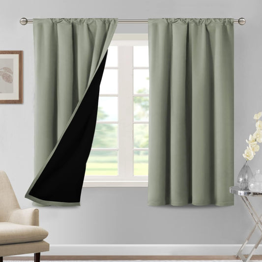 H.VERSAILTEX 100% Blackout Curtains for Bedroom 42 Inches Wide Thermal Insulated Blackout Curtains 63 Inches Long Rod Pocket Curtains with Black Liner 2 Panels Set, Light Sage
