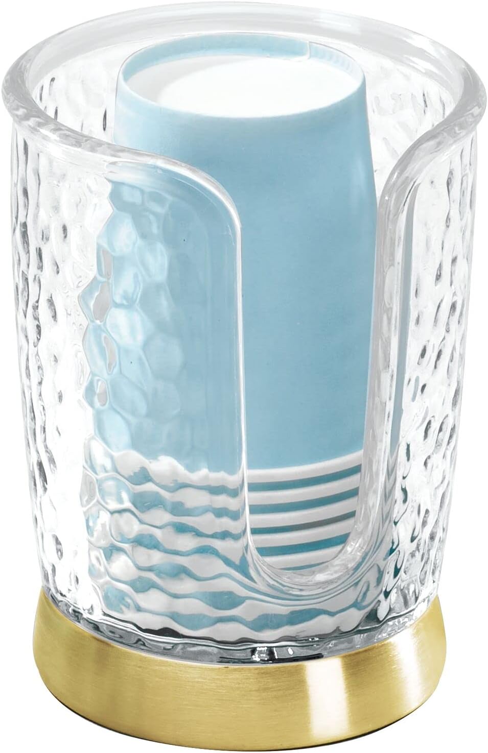 mDesign Plastic/Steel Compact Small Disposable Paper Cup Dispenser Storage Holder for Rinsing Cups on Bathroom Vanity Countertops - Rain Collection - Clear/Soft Brass