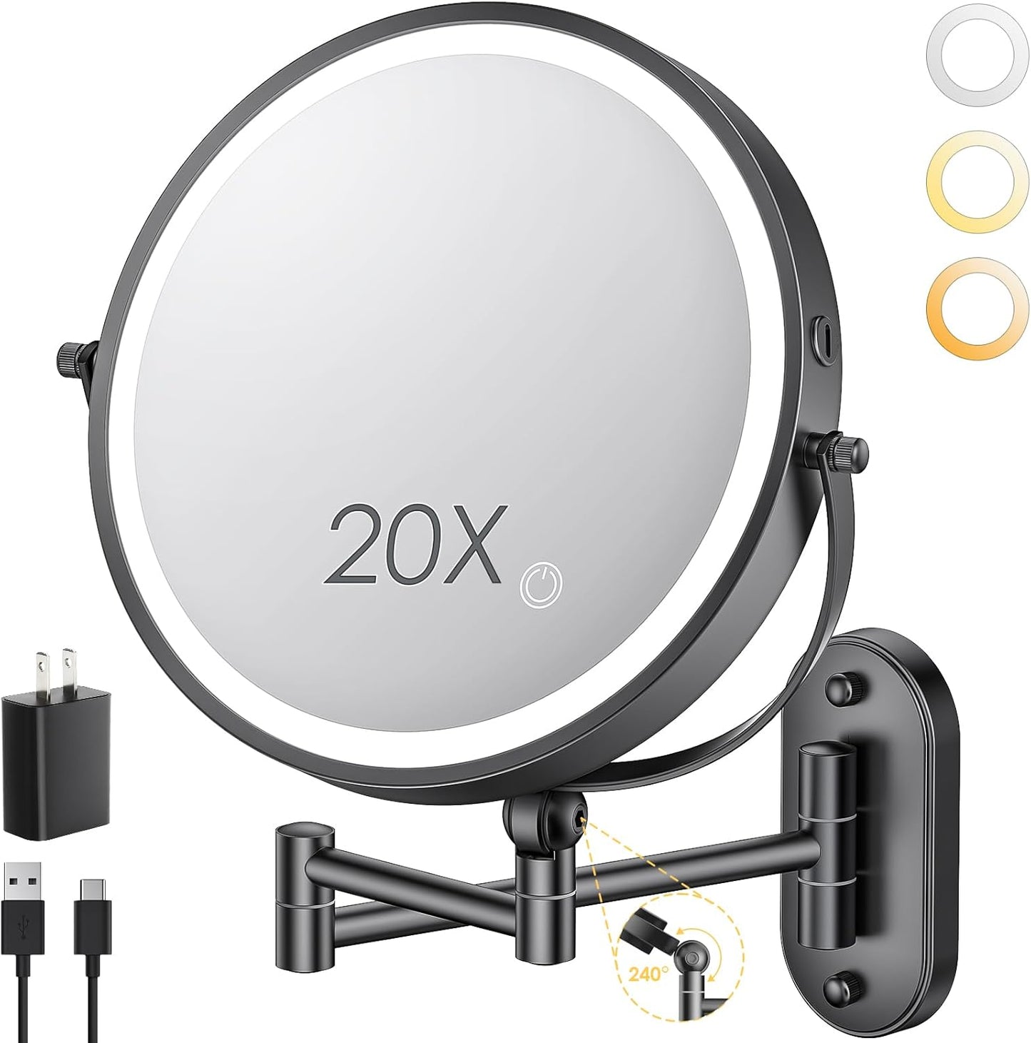 9" Wall Mounted Lighted Makeup Mirror,4000mAh Rechargeable Double Sided 1X/20X Magnifying Mirror with Light,Touch Dimmable,Extended Arm 360 Rotation Wall Mounted Makeup Mirror 3 Color Lights-B