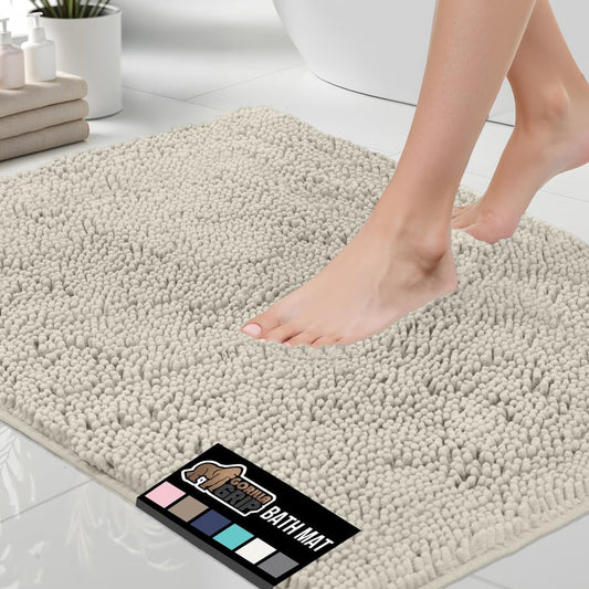 GORILLA GRIP Bath Rug Mat, Thick Soft Absorbent Chenille, Quick Dry Microfiber Mats, Rubber Backing Washable Shower Floor Rugs, Bathmat Runner, US Designed Bathroom Home Decor Accessories 24x17, Ivory