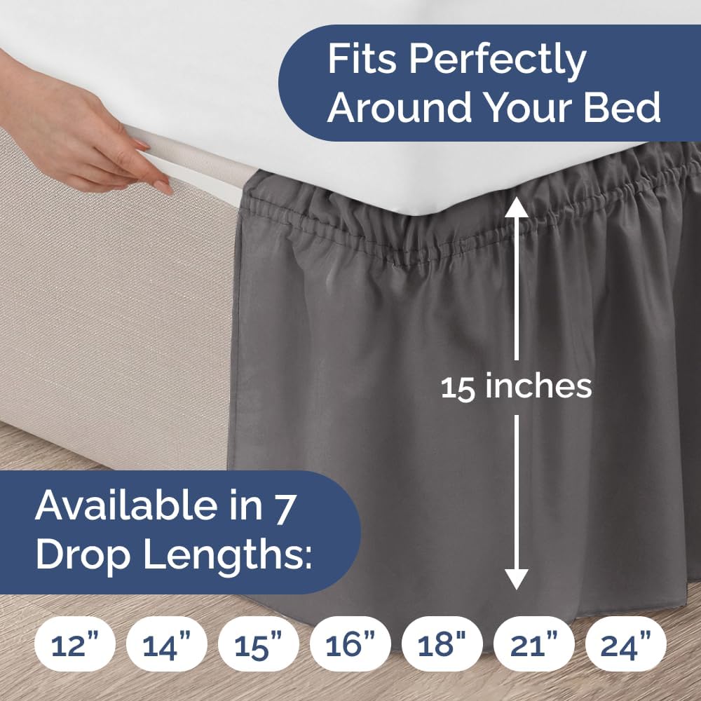 Wrap Around Dust Ruffle Bed Skirt - Dark Grey - Twin/Twin XL Size Beds with 15 Inch Drop - Elastic Strap - Adjustable Pleated Bedskirt with Brushed Fabric and Wrinkle Free - Women, Men, Kids & Teens