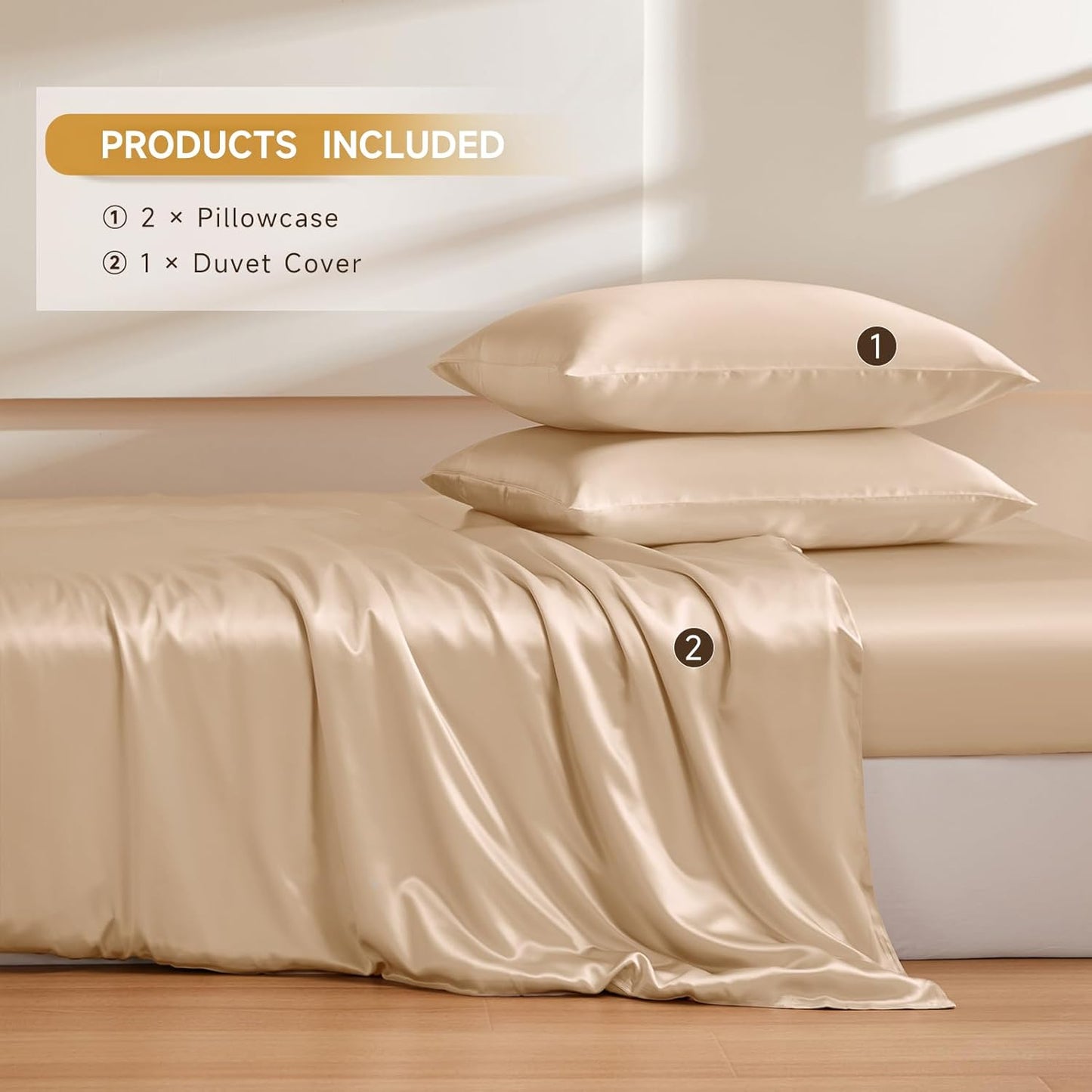 THXSILK 100% Pure Mulberry Silk Duvet Cover Set 3 Piece, 6A+ Grade Luxury Soft Bedding Silk Sheets for Hair and Skin, 1 Pcs Duvet/Quilt/Comforter Cover with 2 Zippered Pillowcases (Champagne, Twin)