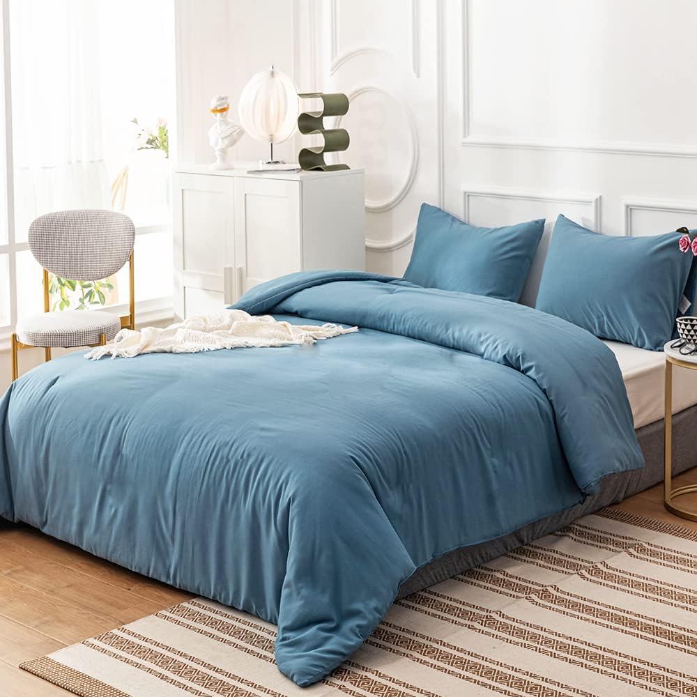 Cottonight Lake Blue Comforter Sets Queen Blue Modern Bedding Comforter Set Full Size Haze Blue Solid Blanket Quilts Lightweight Breathable 3 Piece Bedding Comforter for Alll Ages Season