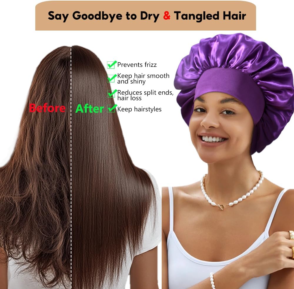 3+3 Large Satin Bonnets with Scrunchies for Women, Wide Band Hair Bonnet for Sleeping Braids Curly Hair