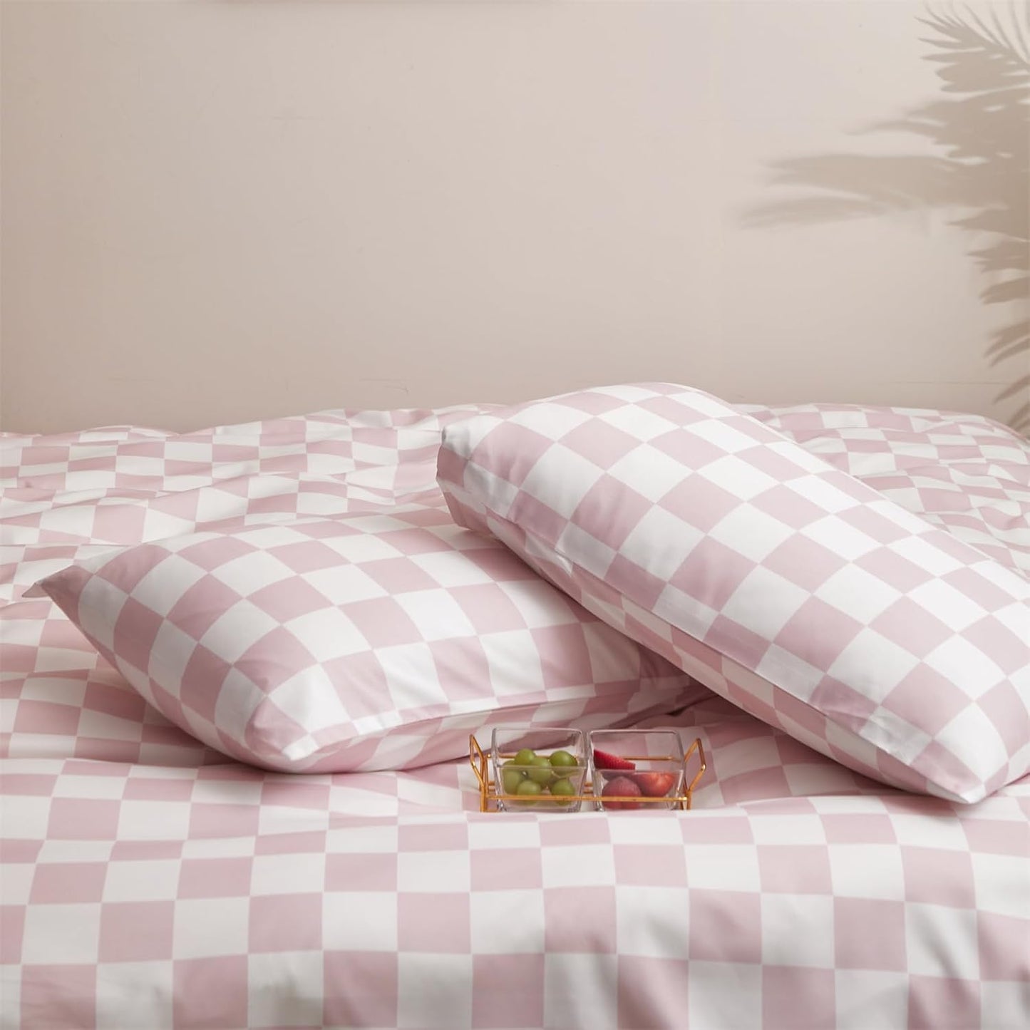 KAREVER Pink Grid Comforter Set Queen Pink Plaid Bedding Set Women Pink White Checkered Bed Blanket Set Girls Breathable Durable Bedding Comforter Set Queen