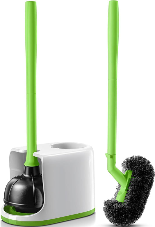 HAMITOR Toilet Plunger Bowl Brush Combo：Heavy Duty Rubber for Drain Clog Remover - Curved Design Bristles for Deep Cleaning Under Rim - Compact Bathroom Cleaning Tools for New Homet Essentials-Green