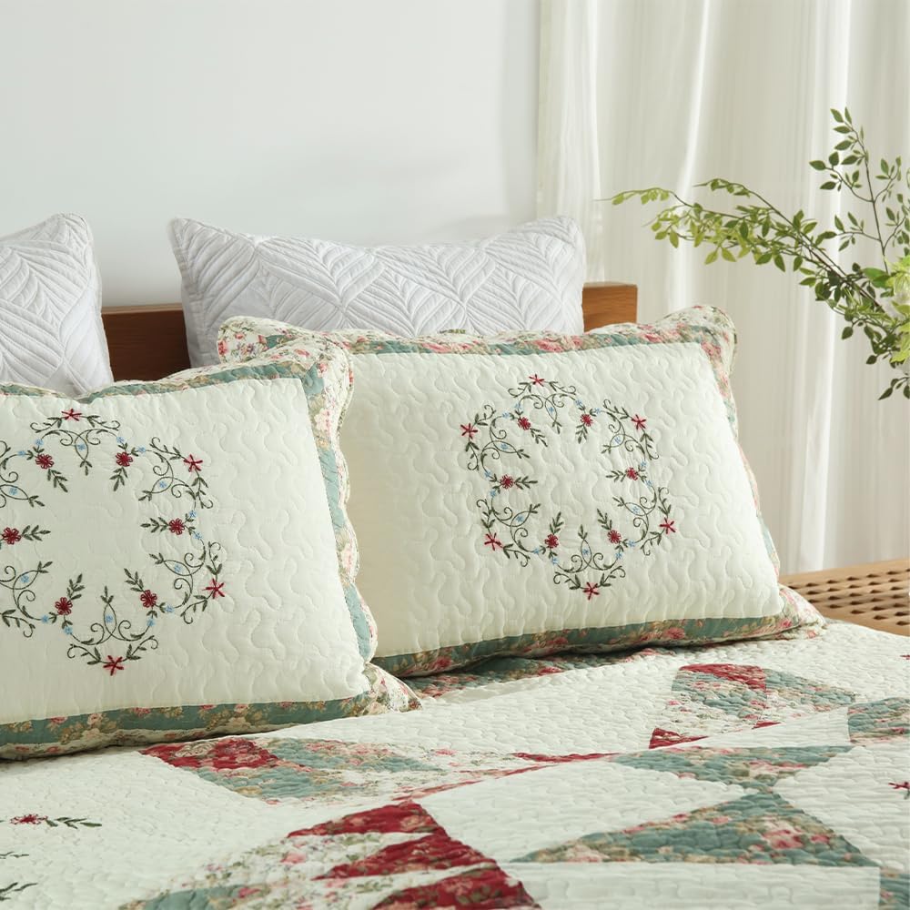 Cotton Bedspread Quilt Bedding Sets, 3 Pieces Reversible Coverlets Comforters Star with Green Floral Real Patchwork Bedspread, King Size