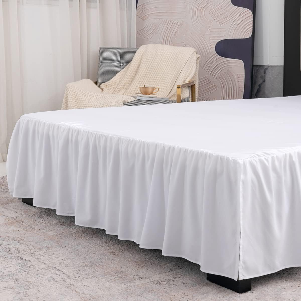TSUTOMI Bed Skirt King Size Ruffled Bed Skirt with Split Corners, 14 Inch Drop Dust Ruffle Bed Skirts with Platform, Gathered Style, 100% Microfiber, White