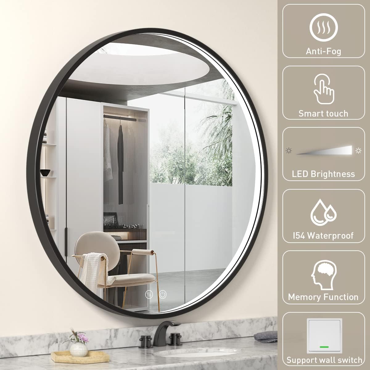 40" Round LED Bathroom Mirror, Dimmable Anti-Fog Vanity Mirror with Touch Control, 6000K Natural Light, Black Metal Frame, Wall Mounted for Makeup Shaving (IP54, 90+ CRI)