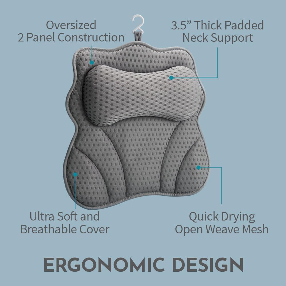 WONDERfoam Thick Padded Ergonomic Bath Pillow for Tub, Bathtub Headrest Neck and Back Support, Strong Suction Cups, Machine Washable Breathable Mesh Quick Dry Pillows, Luxury Spa Accessories, Gray