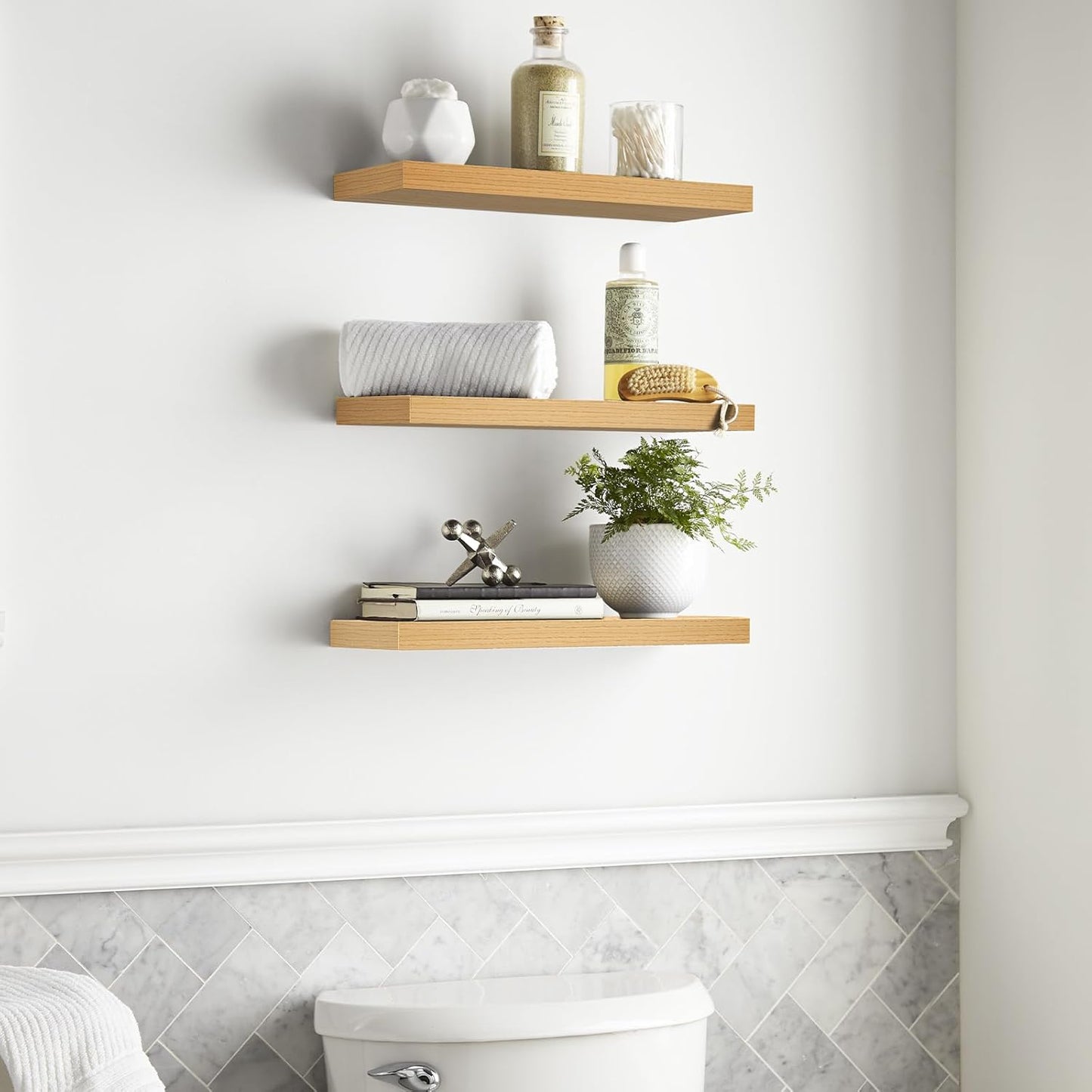 BAYKA Floating Shelves for Wall, 22.5 inches Wall Mounted Rustic Wood Shelves for Bathroom, Bedroom, Living Room, Floating Shelves for Books/Storage/Decor (Light Oak-Toned,Set of 3)