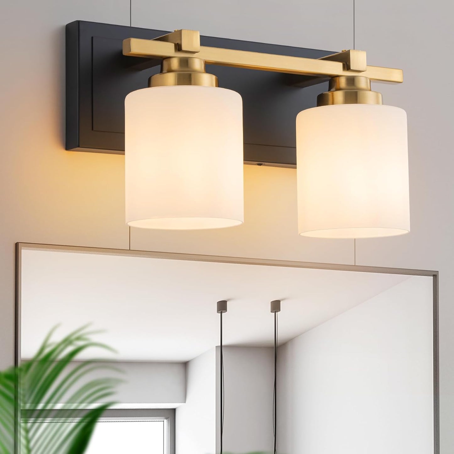 2 Light Modern Bathroom Light Fixtures Over Mirror, Black Gold Vanity Lights for Bathroom Wall Sconces with Milky White Glass Shades, E26 Socket (Bulbs Not Included)