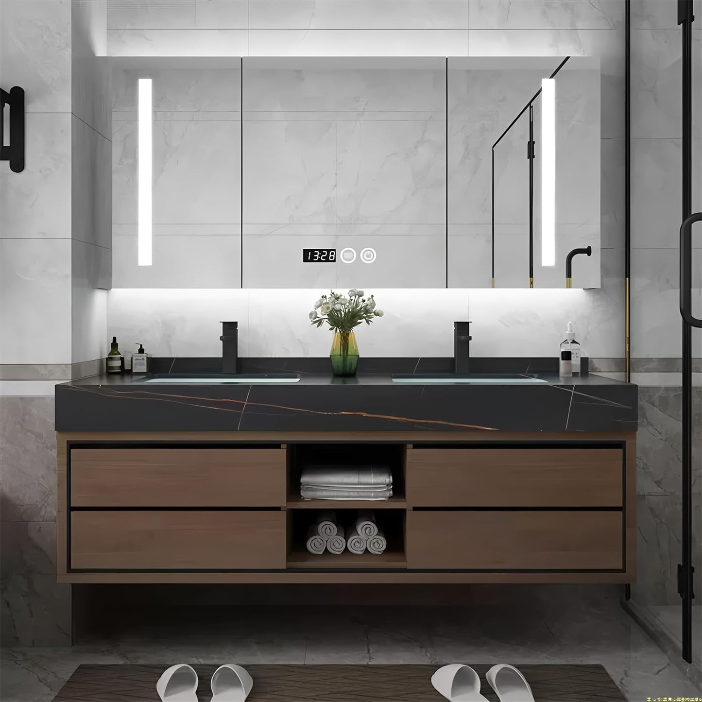64IN Double Sink Bathroom Vanity, Floating Modern Bathroom Vanity Include Smart Defog Mirror Cabinet with LED Light, Solid Wood Vanities with Integrated Sink and Drawers Storage