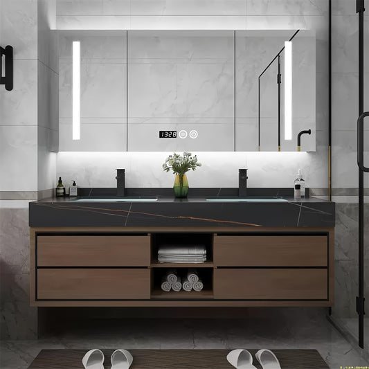 64IN Double Sink Bathroom Vanity, Floating Modern Bathroom Vanity Include Smart Defog Mirror Cabinet with LED Light, Solid Wood Vanities with Integrated Sink and Drawers Storage