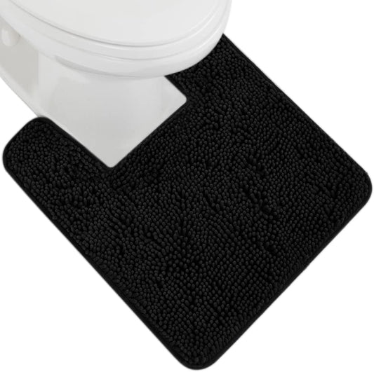 GORILLA GRIP Plush Absorbent Shaggy Chenille Bath Rug Mat for Square Toilet Base with Rubber Backing, Machine Washable Rugs, Soft Microfiber Contour Mats for Toilets, Bathroom Decor, Black