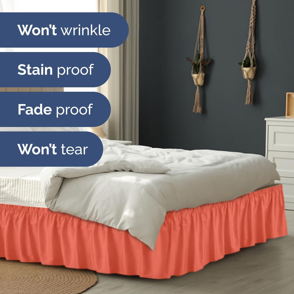 Wrap Around Dust Ruffle Bed Skirt - Coral - for Full Size Beds with 15 Inch Drop - Easy Fit Elastic Strap - Adjustable Pleated Bedskirt w/Brushed Fabric - Wrinkle Free - for Women, Men, Kids & Teens