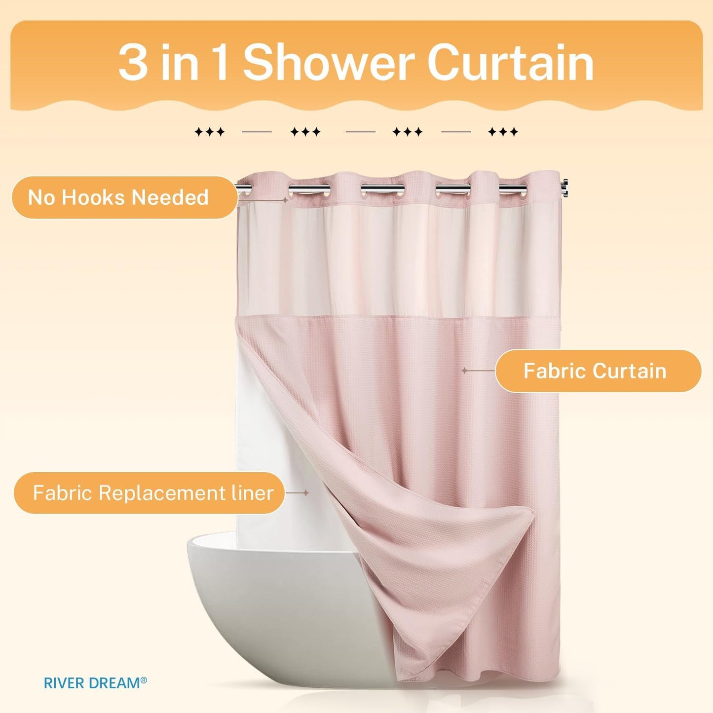 River Dream No Hooks Required Dotted Pink Shower Curtain with Snap in Liner - 71" W x 74" H,Hotel Grade,Spa Like Bath Curtain
