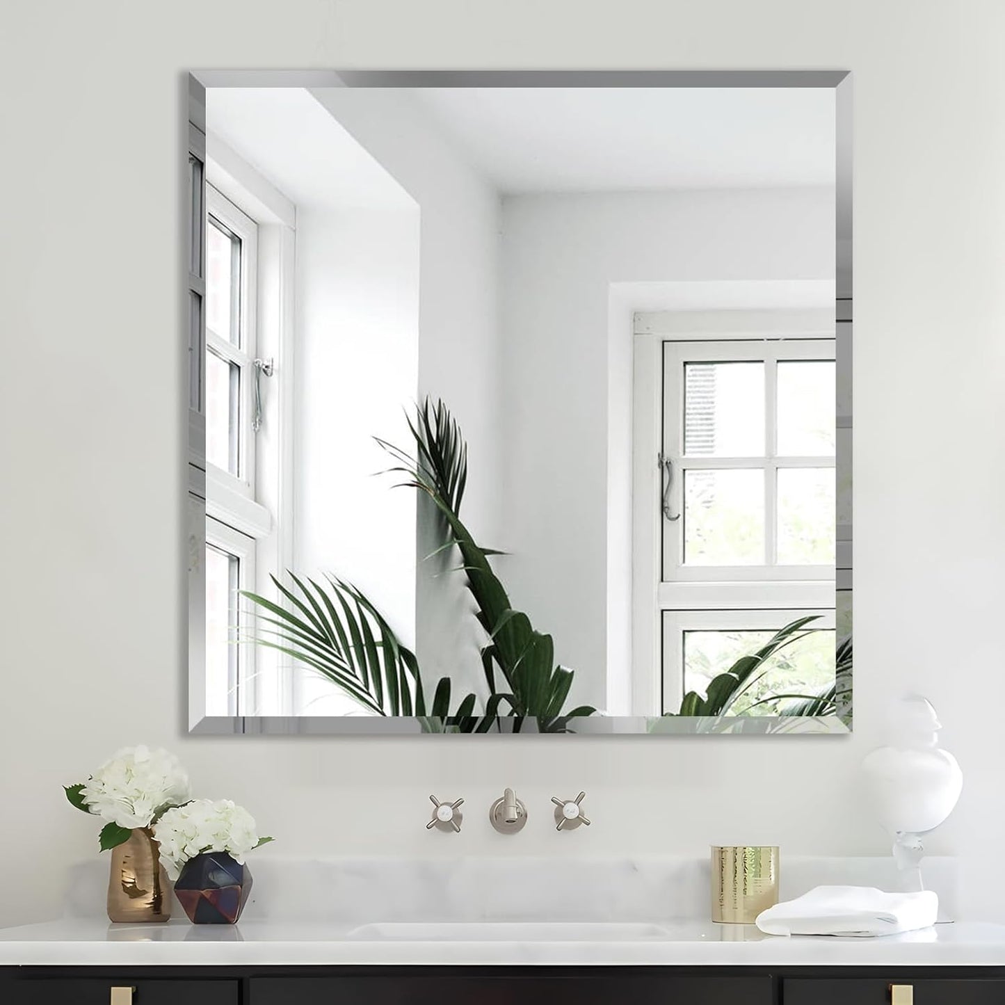 30x30 Inch Bathroom Mirror Frameless Beveled Edge Rectangle Wall Mirror Explosion Proof and Shatterproof Bathroom Vanity Mirror Wall Mounted Hang Firmly (Horizontal or Vertical)
