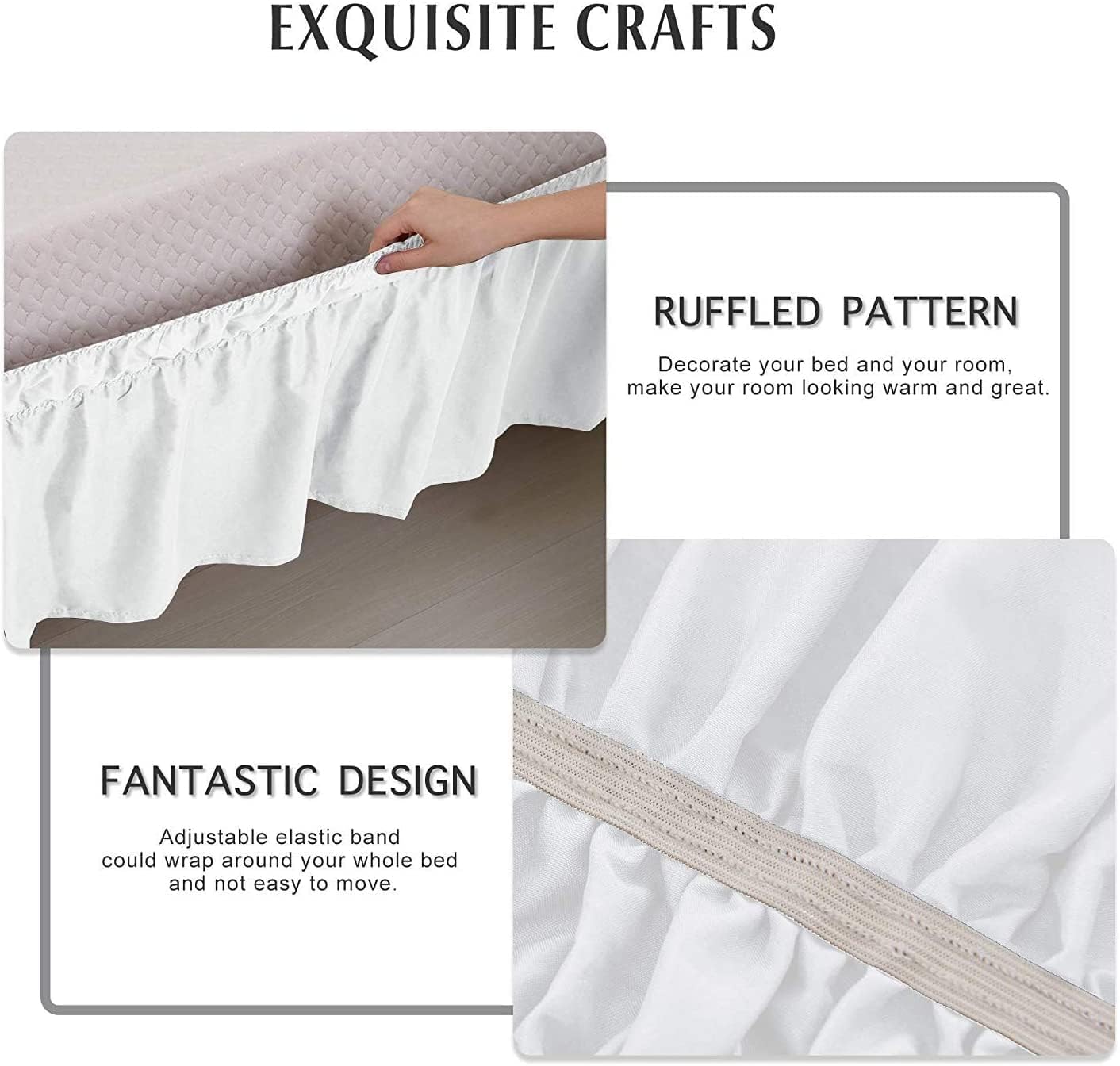 MEILA Wrap Around Bed Skirt Three Fabric Sides Elastic Dust Ruffled 24 Inch Tailored Drop,Easy to Install Fade Resistant-White, Queen/King