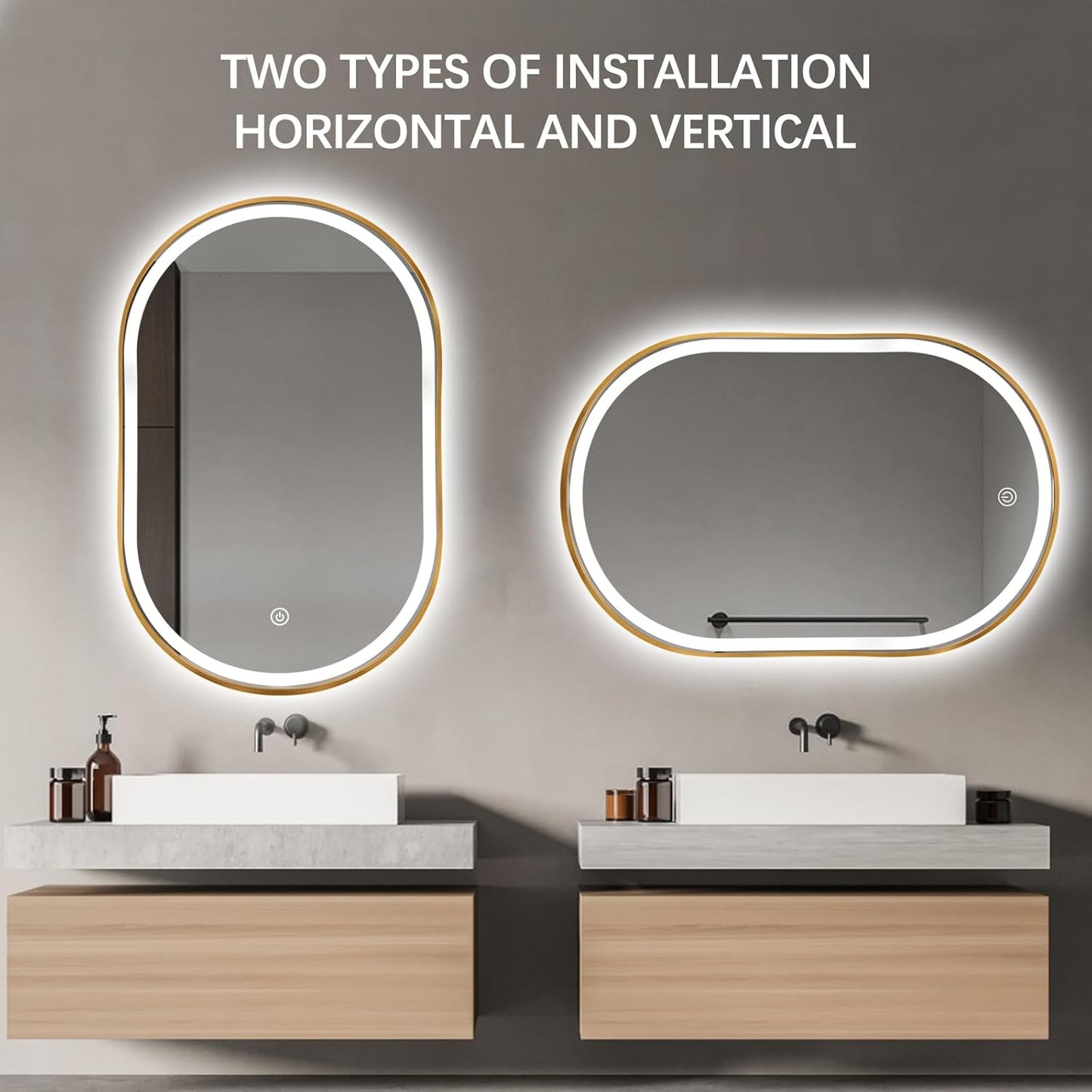 Oval LED Bathroom Mirror, 32"x20" Lighted Wall Mounted Vanity Mirror with Metal Frame, Anti-Fog IP66 Waterproof Smart Mirror, Memory Function, (Horizontal or Vertical), Gold