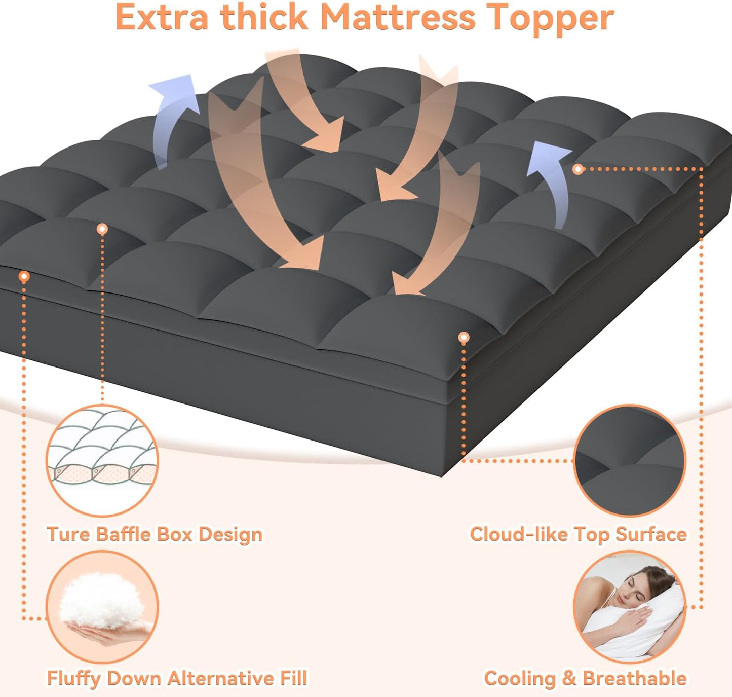 Topllen Full Mattress Topper for Back Pain Relief, Extra Thick Pillow Top Plush Mattress Pad with Deep Pocket, Soft Pillowtop Full Size Bed Toppers Filled Fluffy Down Alternative, Gray