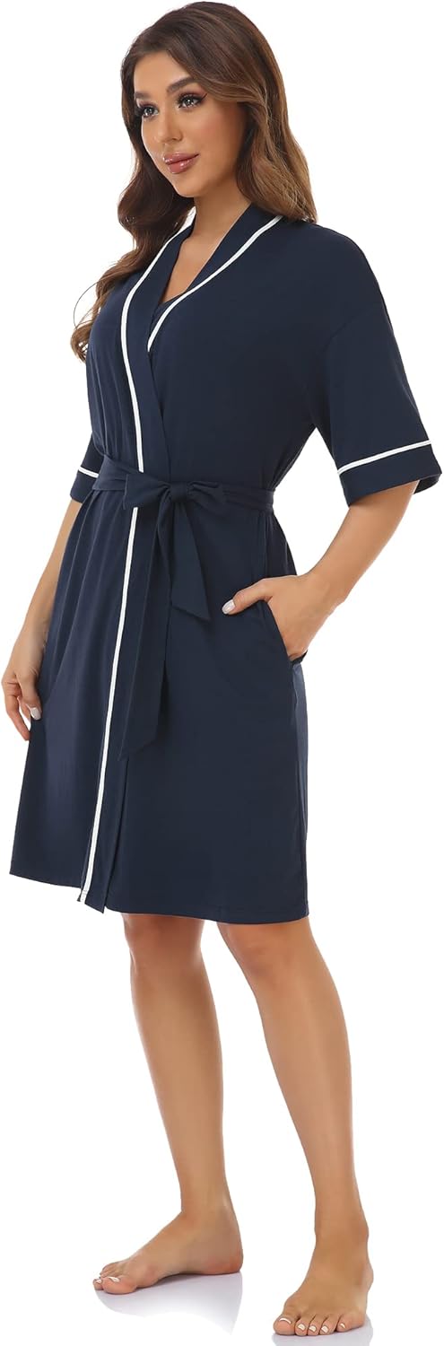 COLORFULLEAF Womens Bamboo Short Robes Lightweight Kimono Cotton Robe Soft Knit Bathrobe Ladies Loungewear with Pockets