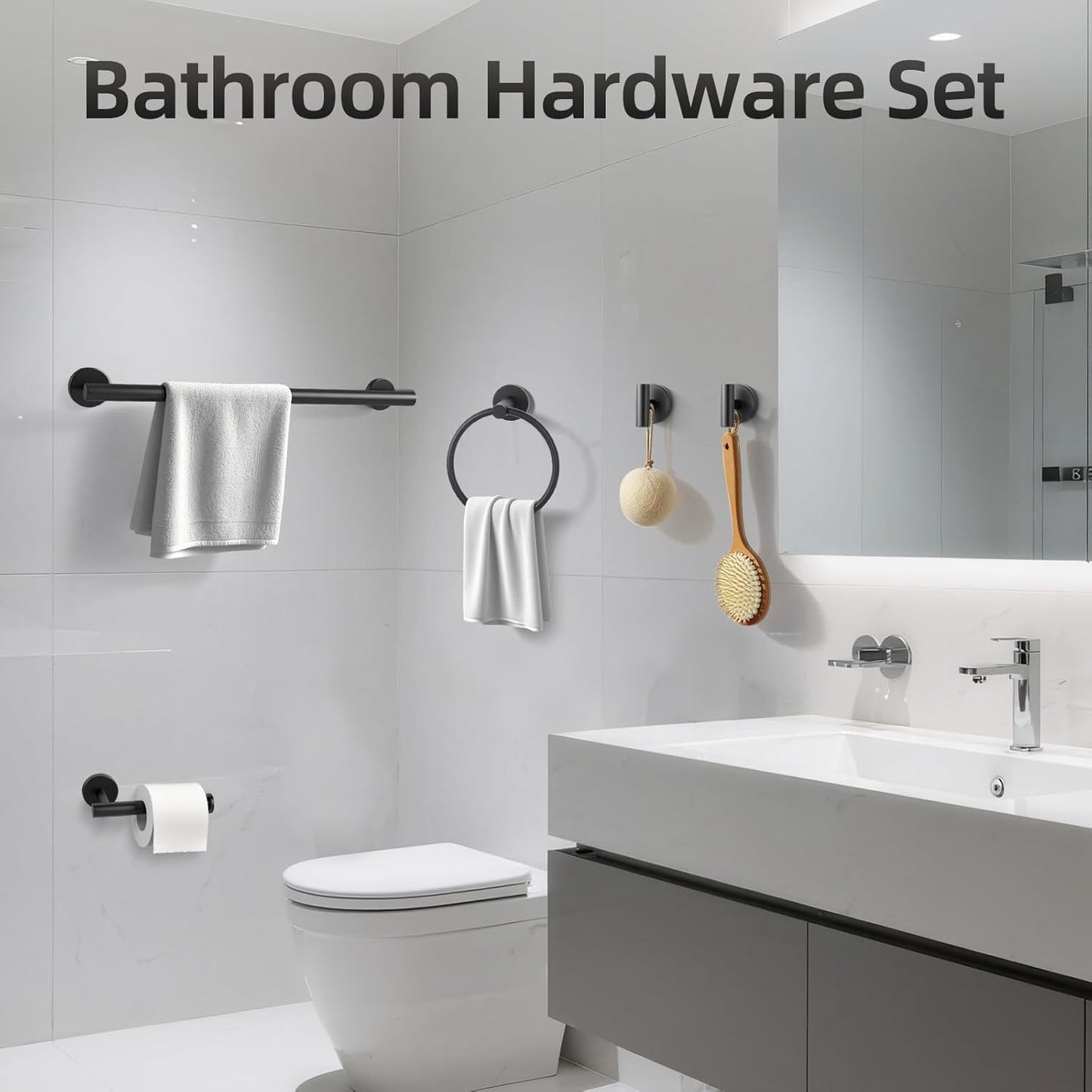 Matte Black Bathroom Hardware Set, Bathroom Towel Holder Bar Set 10 Pieces, SUS304 Stainless Steel Bathroom Towel Rack Set Wall Mounted-16 Inch Towel Bar, Toilet Paper Holder, Towel Hooks, Towel Ring