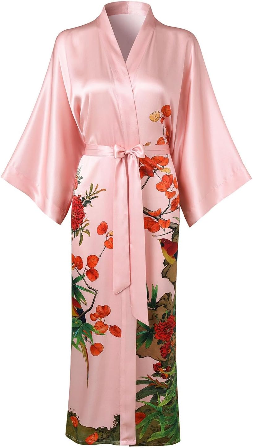 Women's Silk Kimono Robe Long Bathrobe Nightgown 100% Mulberry Silk for Women - Classic Floral Pattern