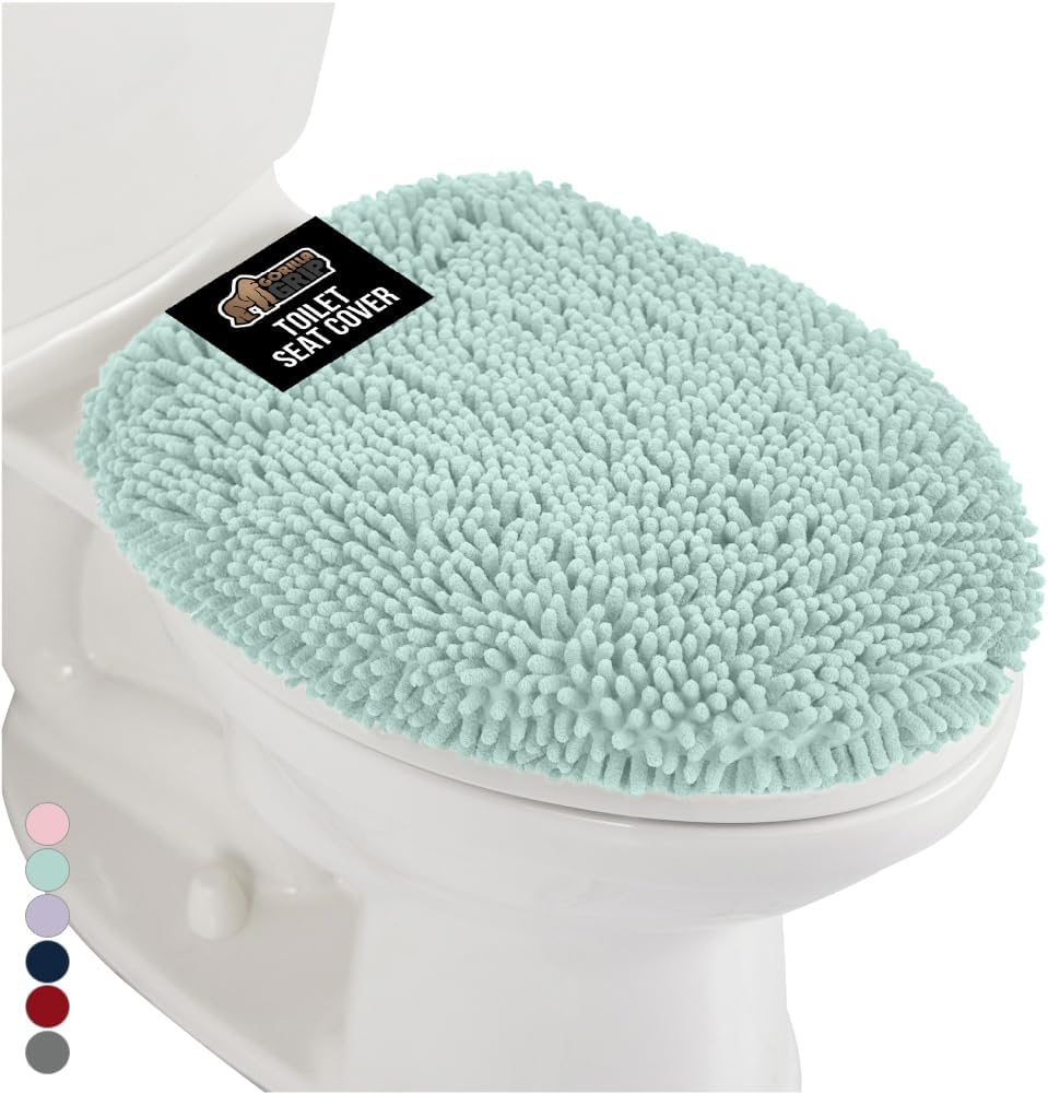 GORILLA GRIP Soft Chenille Bathroom Toilet Lid Cover, Machine Washable Seat Covers, 19.5x18.5, Stays in Place Rubber Backing, Fits Most Round, Elongated and Oblong Lids, Accessories Decor, Seablue