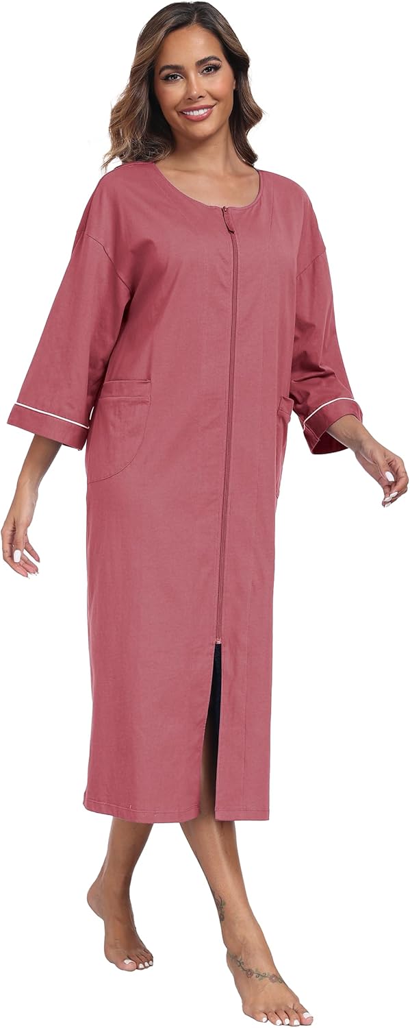 ANLIQI Women's 100% Cotton Robes Long Zipper Front House coats 3/4 Sleeve Bathrobes Lightweight Full Length Robe with Pockets