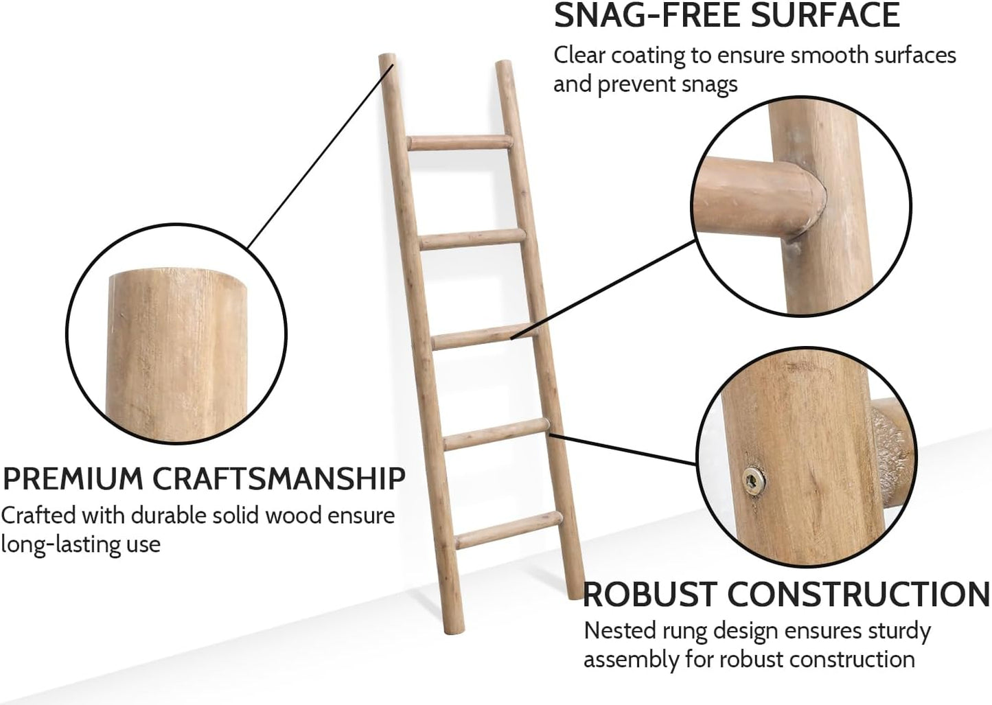 FUIN 57in Wood Blanket Ladder Living Room Decorative Wall Leaning Farmhouse Quilt Display Holder Rustic Wooden Towel Rack for Bathroom, Brown