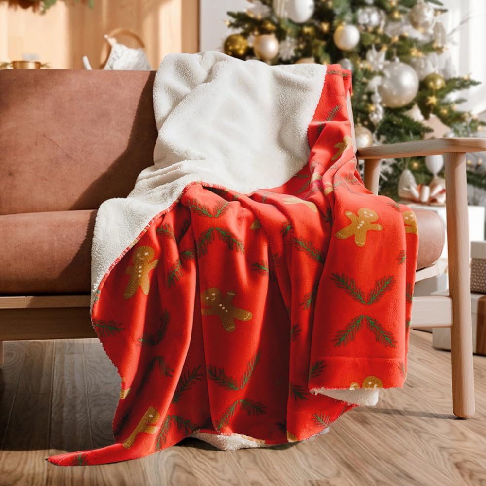 Christmas Sherpa Blanket Throw Size - Reversible Sherpa Fleece Blanket - Super Soft Double Sided Throw for Bed, Sofa, Couch - Thick, Warm, Cozy & Plush - Xmas Winter Bedding - Gingerbread Man, 50x60