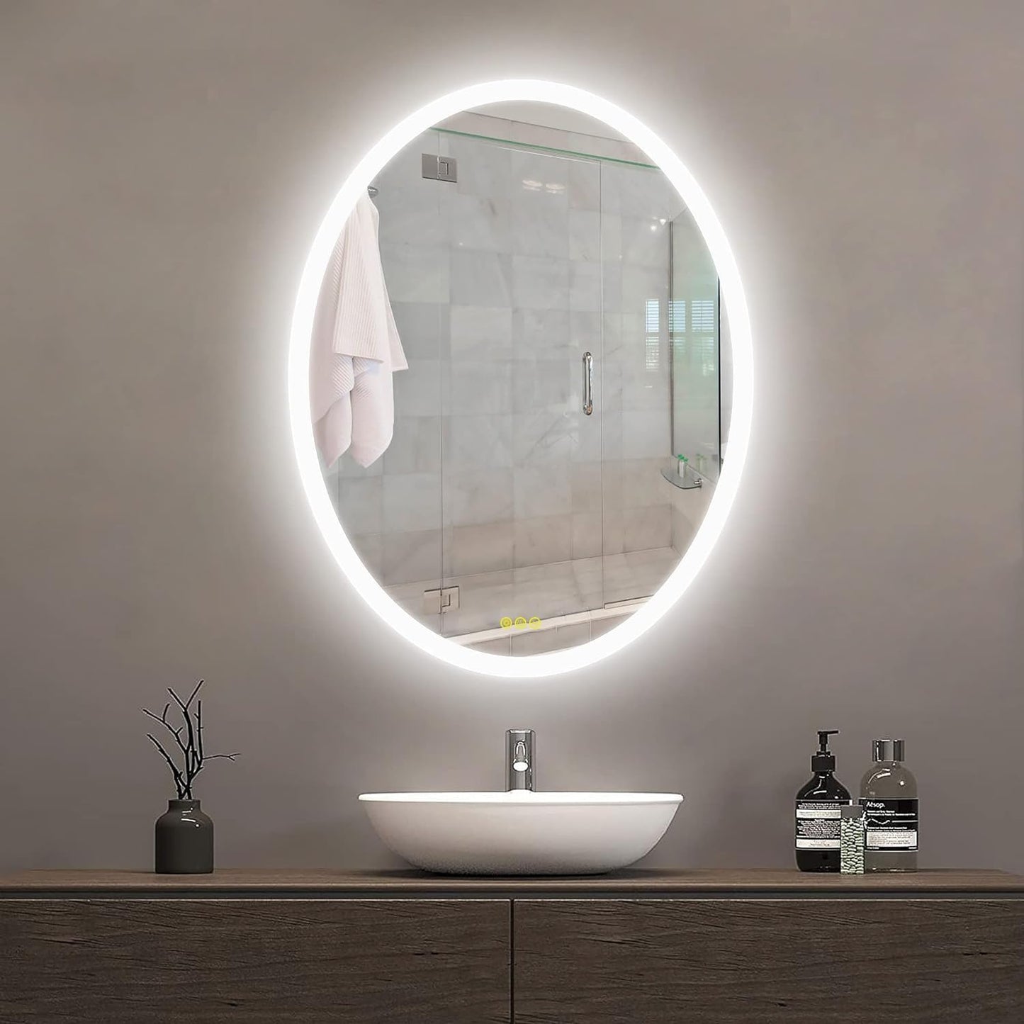 Wall-Mounted LED Oval Bathroom Mirror, Makeup Mirror (32 inches x 24 inches,) 3 Color Stepless Dimmable Memory Bathroom Vanity Mirror with Lights CRI90+ 3000-6400K Smart Mirror with Touch
