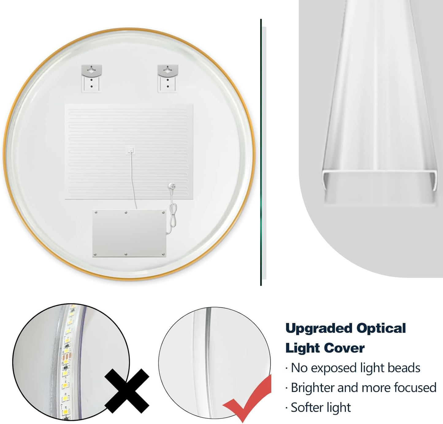 Niccy Round Led Mirror for Bathroom, 30" Backlit Mirror for Wall Circle Lighted Mirror with Gold Frame Anti-Fog, 3 Colors, HD Glass and IP65 Waterproof