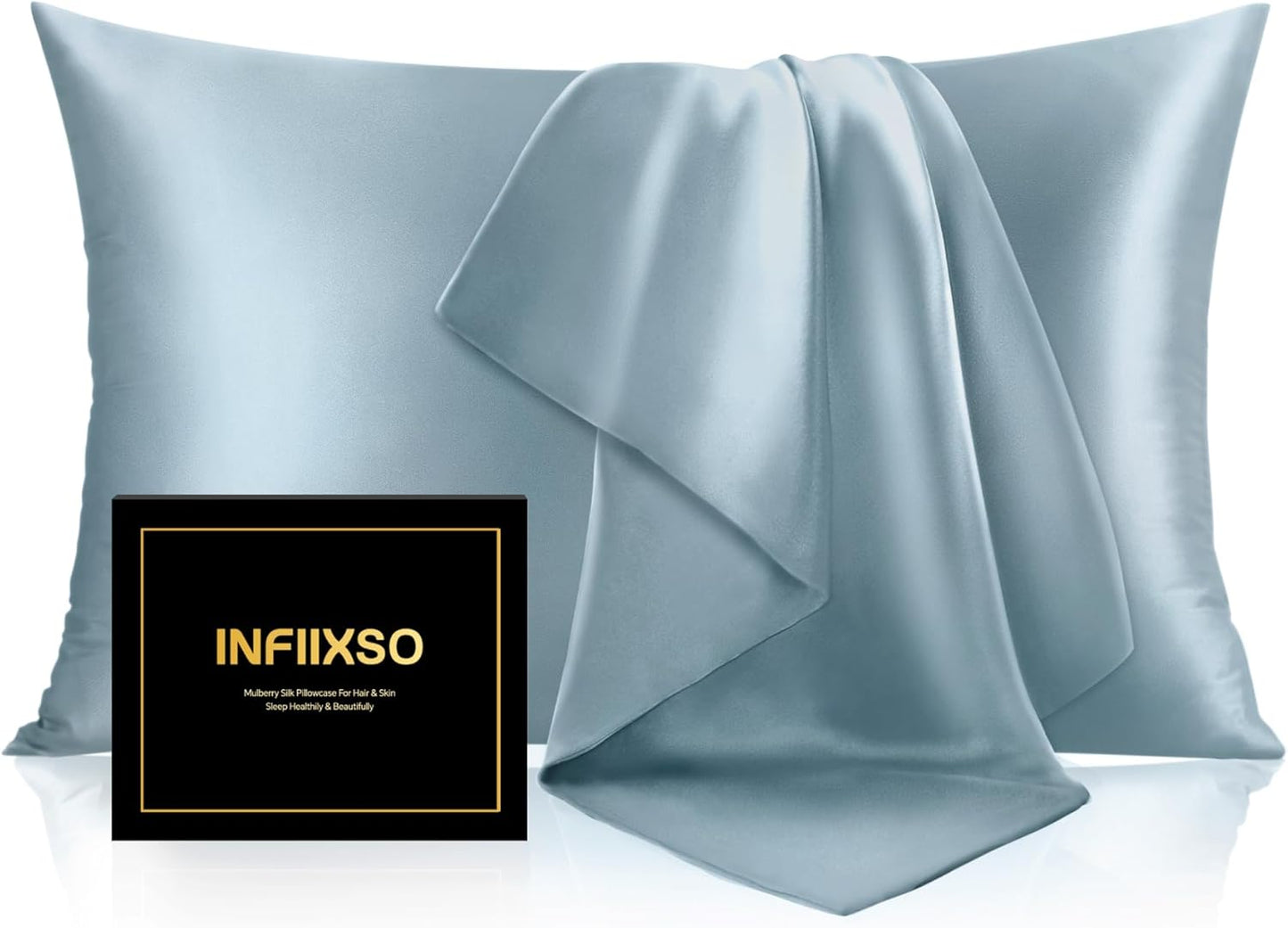 INFIIXSO Mulberry Silk Pillow Case King Size, Silk Pillowcase with Hidden Zipper 20"x36", Extraordinary Smooth and Soft Pillow Cases for Hair and Skin(Airy Blue, 1 Pack)