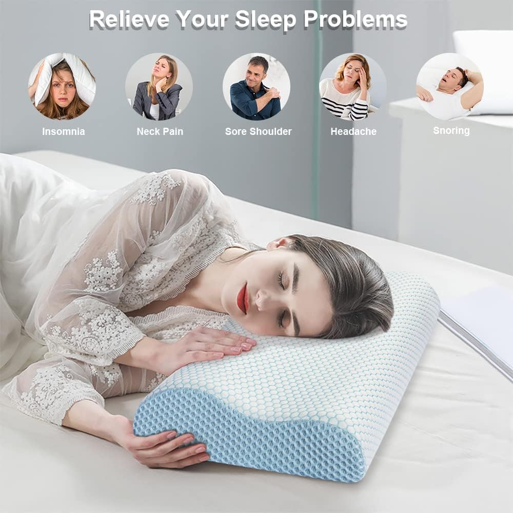 Anvo Memory Foam Pillow, Neck Contour Cervical Orthopedic Bed Pillow for Sleeping Side Back Stomach Sleeper, Ergonomic Design for Neck and Shoulder Pain Relief, Blue White, Soft