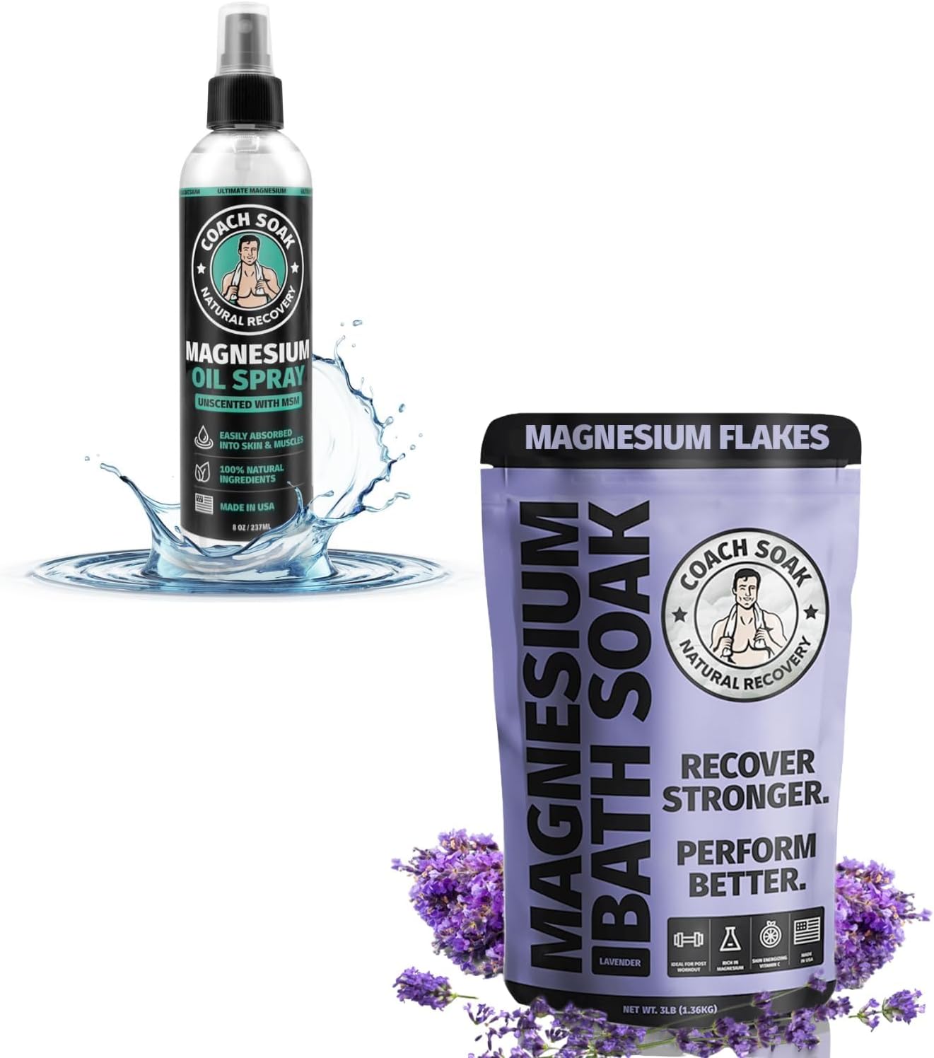 Coach Soak Lavender Flakes Bath Soak and Magnesium Oil Spray with MSM - Fast-Absorbing Recovery Bath Salts with Dead Sea Minerals and Essential Oil and 8oz Magnesium Chloride Topical Spray