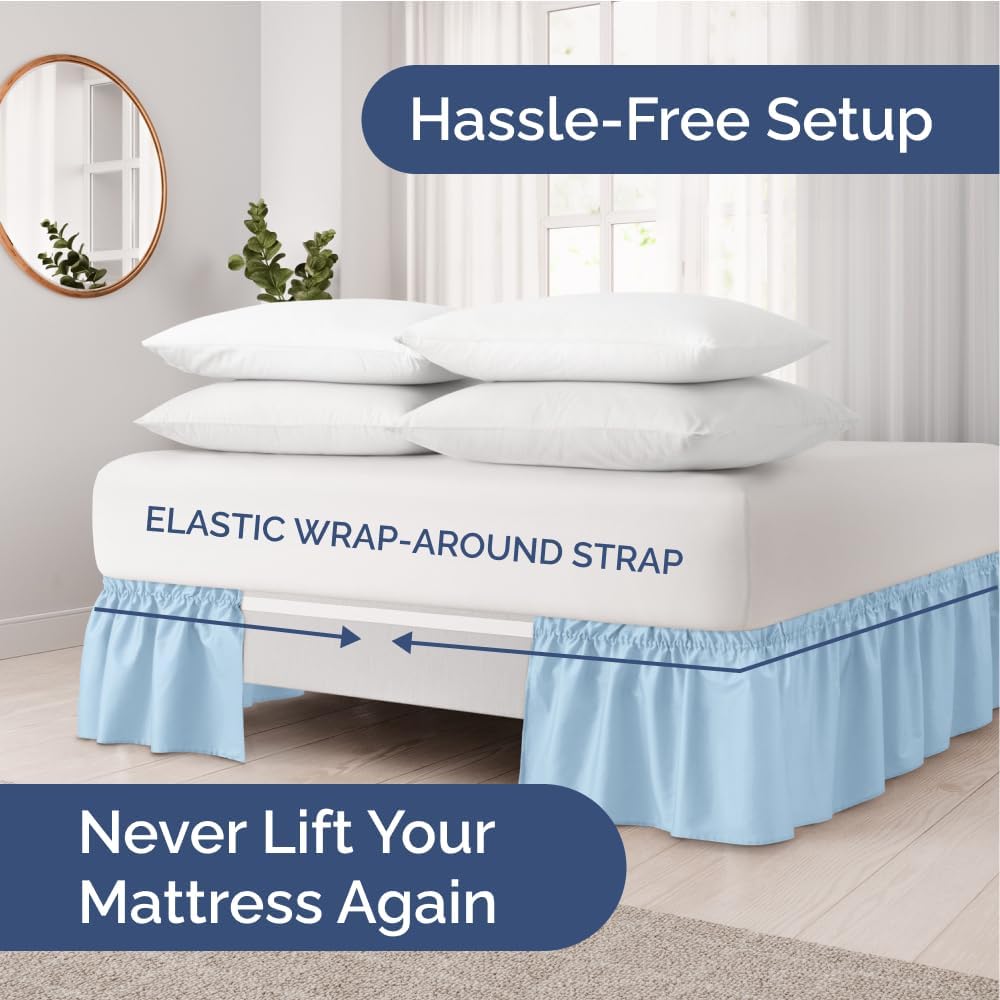 Wrap Around Dust Ruffle Bed Skirt - Light Blue - for King Size Beds with 24 Inch Drop - Elastic Strap - Adjustable Pleated Bedskirt with Brushed Fabric and Wrinkle Free - for Women, Men, Kids & Teens