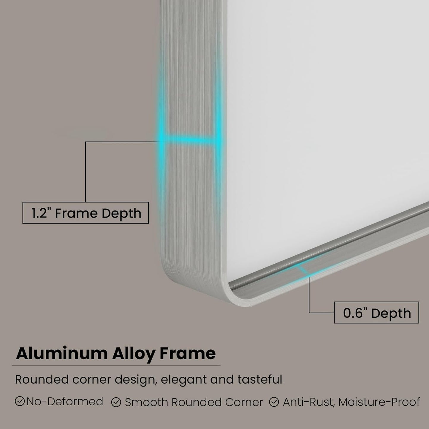 Brushed Nickel Bathroom Mirror 72x36 Inch, Brushed Silver Metal Frame Mirror Wall Mounted, Rounded Rectangle Bathroom Vanity Mirror, Tempered Glass, Anti-Rust, Horizontal/Vertical