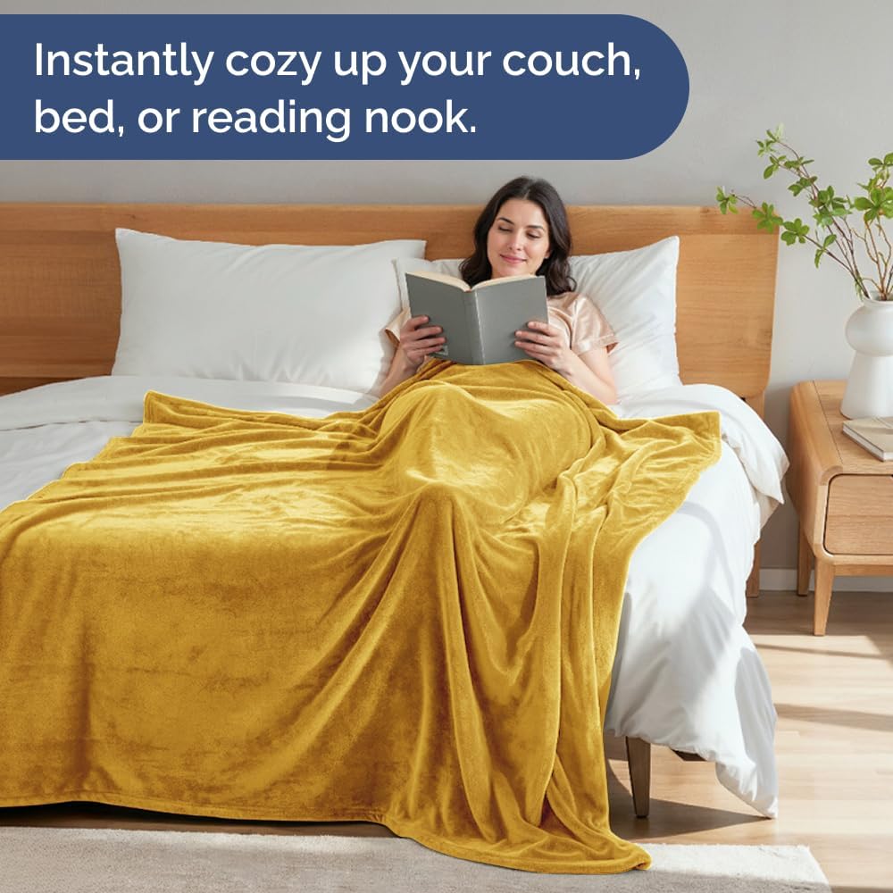 Ultra Soft Fleece Blanket Throw Size - Flannel Fleece Luxury Throw Blanket - Lightweight for Couch Bed Chair - Thick, Warm and Breathable - All Season Cozy Fuzzy, Anti-Static Microplush Bedding, Gold