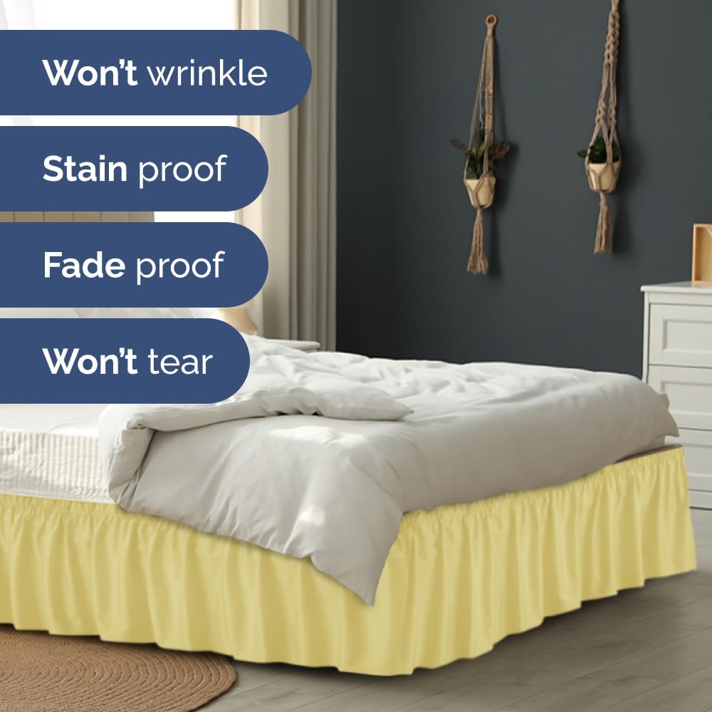 Wrap Around Dust Ruffle Bed Skirt - Yellow - for King Size Beds with 15 Inch Drop - Easy Fit Elastic Strap - Adjustable Pleated Bedskirt w/Brushed Fabric - Wrinkle Free - for Women, Men, Kids & Teens