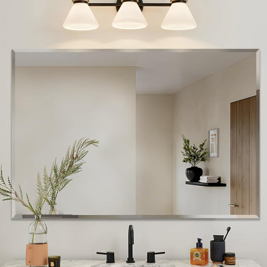 Frameless Beveled Edge Bathroom Mirror 38x26 Inch Rectangle Wall Mirror Explosion Proof and Shatterproof Bathroom Vanity Mirror Wall Mounted Hang Firmly (Horizontal or Vertical)