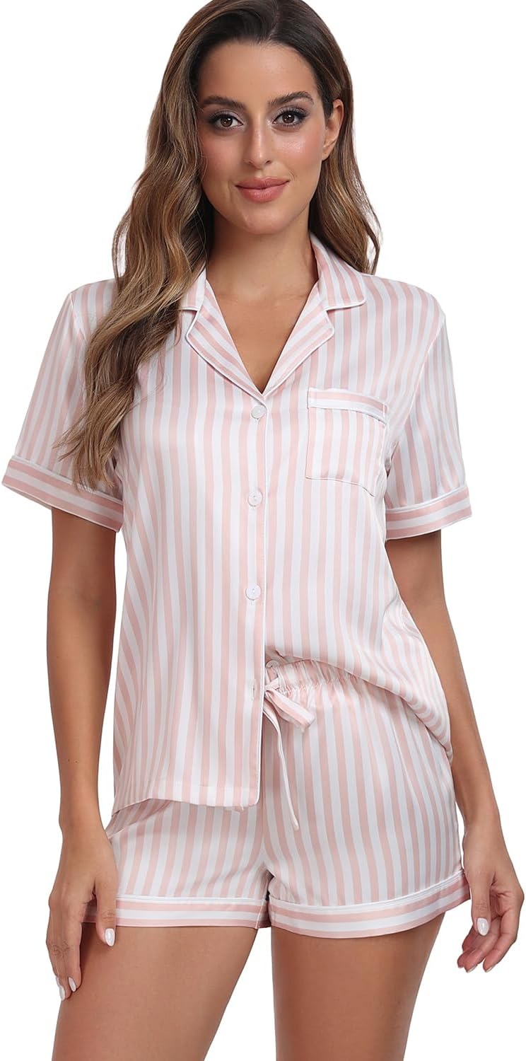 Women's Satin Pajama Set 2-Piece Sleepwear Loungewear Button Down Short Sleeve Silky PJ Set