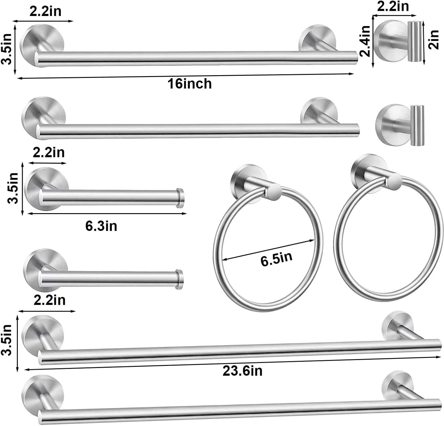10Pcs Bath Tower Set, Includes 23.6 inch & 16 inch Towel Bars, Hooks, Rings & Toilet Paper Holder - Brushed Nickel