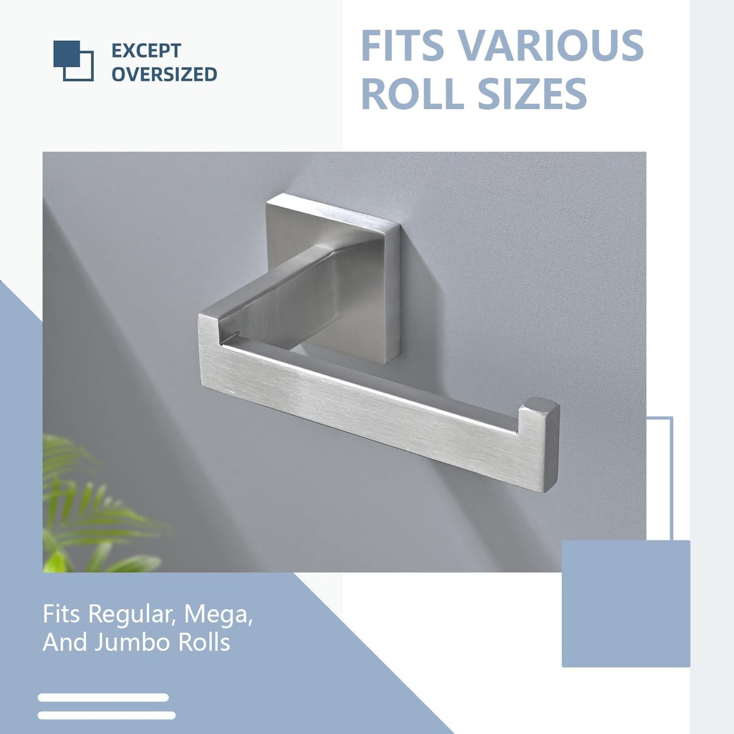 3PCS Bathroom Hardware Set, Brushed Nickel Toilet Paper Holder, 2 Square Towel Robe Hooks, SUS 304 Stainless Steel, Wall Mounted, Modern, Rust‑Resistant (Silvery)