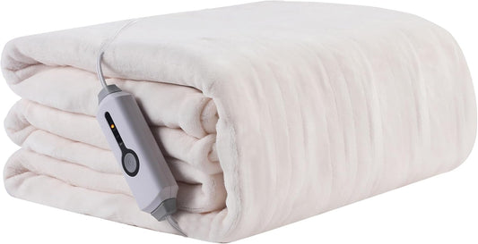 Electric Heated Blanket 50"x60" Throw Size, Soft Coral Fleece with 4 Heating Levels and 3 Hours Auto-Off, Machine Washable, Cozy Plush Fabric for Home, White