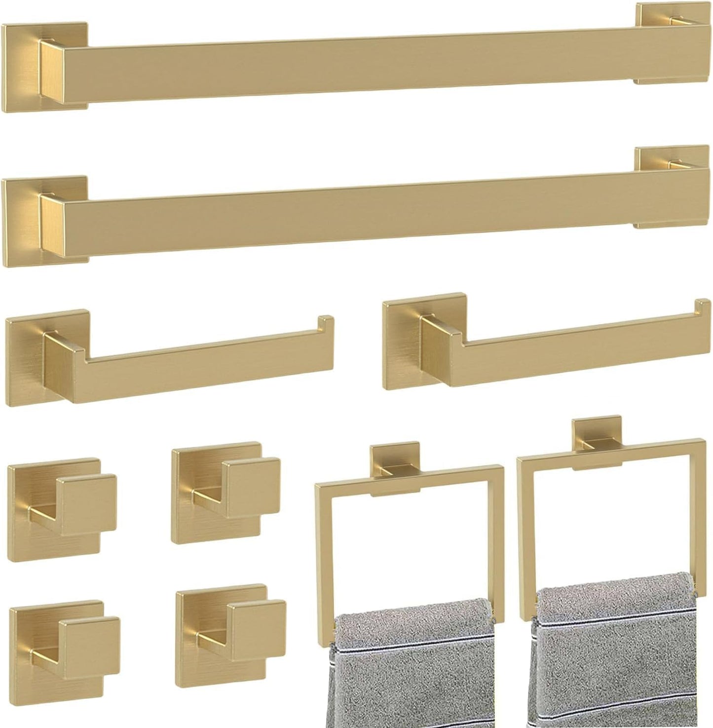 Bathroom Accessory Towel Bar Set: 10 Pieces Gold Square Bathroom Hardware SUS304 Stainless Steel - 24 Inch Wall Mounted Towel Rack&Toilet Paper Holder&Towel Ring and Towel Hook